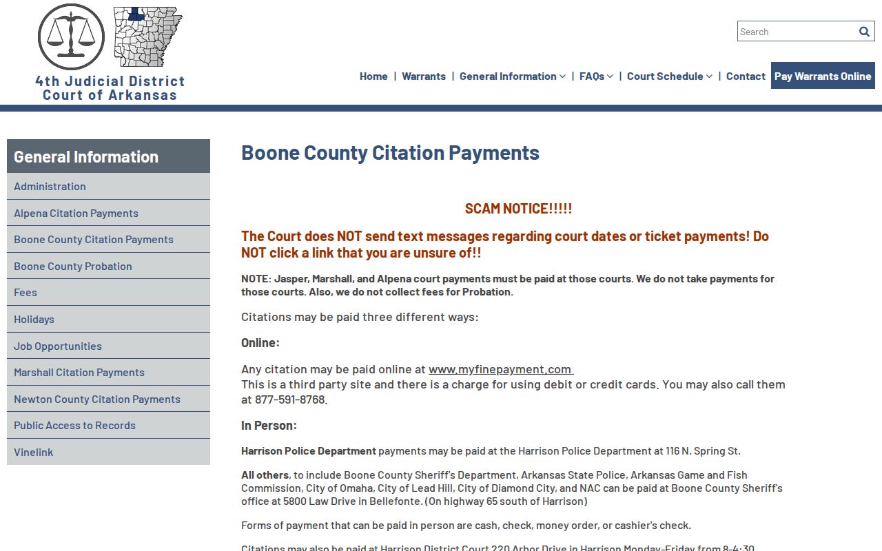 Harrison citation payment information for Boone County traffic court